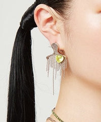 Figure Tassel Earrings| Metal Tassel| Green heart | Abstract figure | Party| Silver Tassel