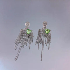 Figure Tassel Earrings| Metal Tassel| Green heart | Abstract figure | Party| Silver Tassel