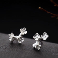 Sakura Sterling Silver Earrings - Delicate Cherry Blossom Flower Branch Studs