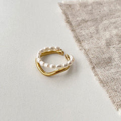 Gold Wavy Pearl Open Ring Lustrous Embrace