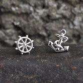 Tiny anchor and rudder earrings, Studs, Sterling Silver, Mismatched earrings, Cutest.