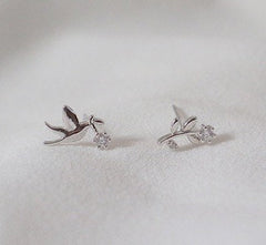Tiny bird and branch leaf earrings, Studs, Sterling Silver, Mismatched earrings, Gifts for kids, Cutest.
