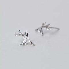 Tiny bird and branch leaf earrings, Studs, Sterling Silver, Gifts for kids, Cutest.