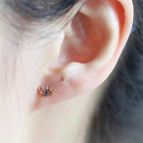 Evil eye earrings, Small Stud earrings, Sterling Silver, Cute, The third eye, Oddities jewelry, The third eye earrings, Sapphire