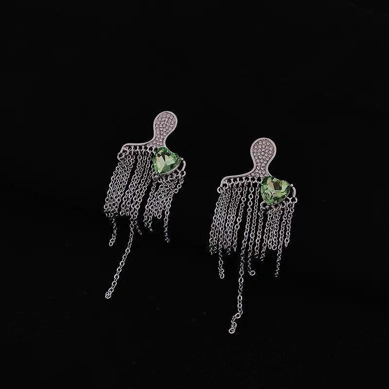 Figure Tassel Earrings| Metal Tassel| Green heart | Abstract figure | Party| Silver Tassel
