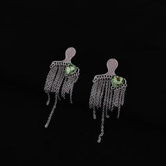 Figure Tassel Earrings| Metal Tassel| Green heart | Abstract figure | Party| Silver Tassel