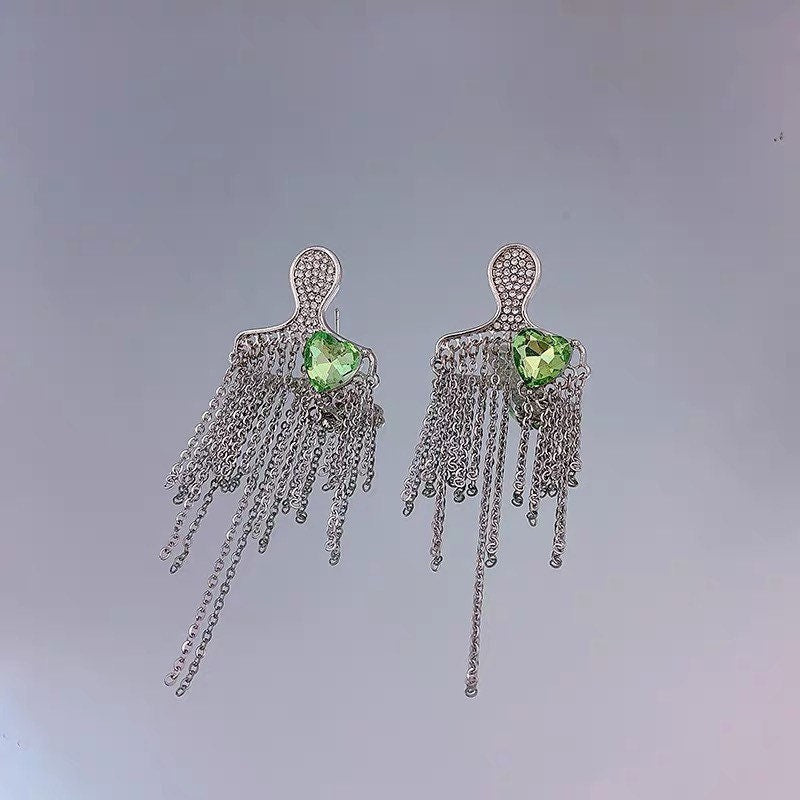 Figure Tassel Earrings| Metal Tassel| Green heart | Abstract figure | Party| Silver Tassel