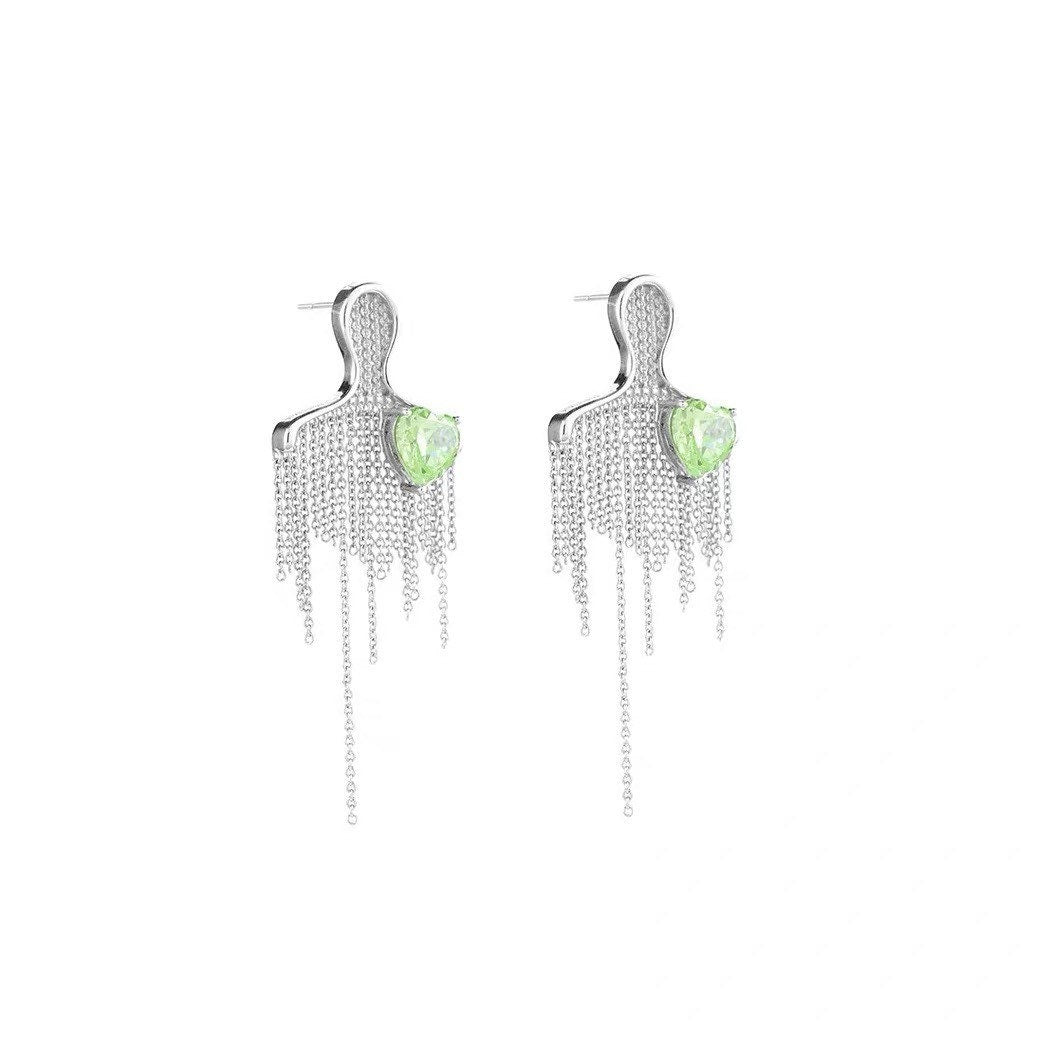 Figure Tassel Earrings| Metal Tassel| Green heart | Abstract figure | Party| Silver Tassel