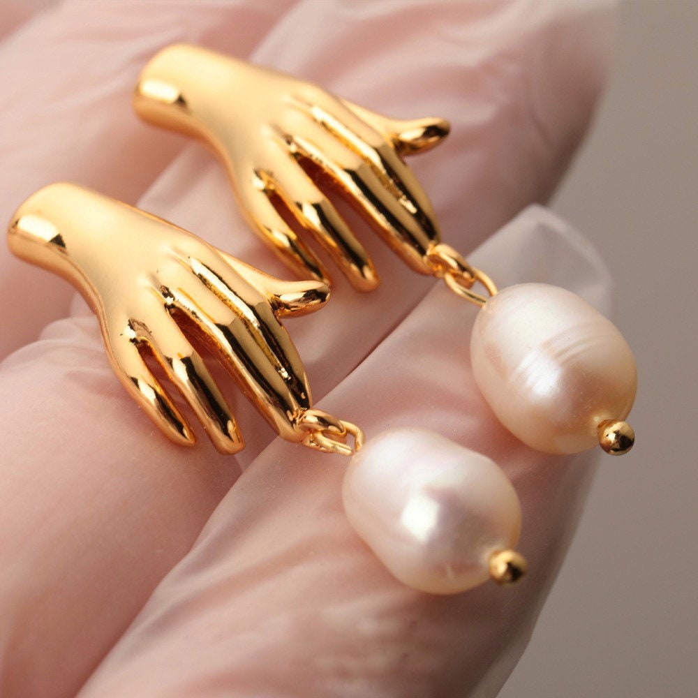 Abstract Hand Pearl Earrings
