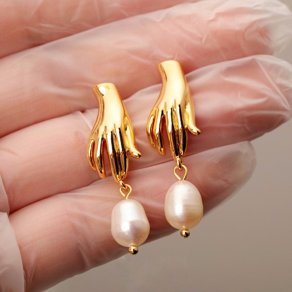 Abstract Hand Pearl Earrings
