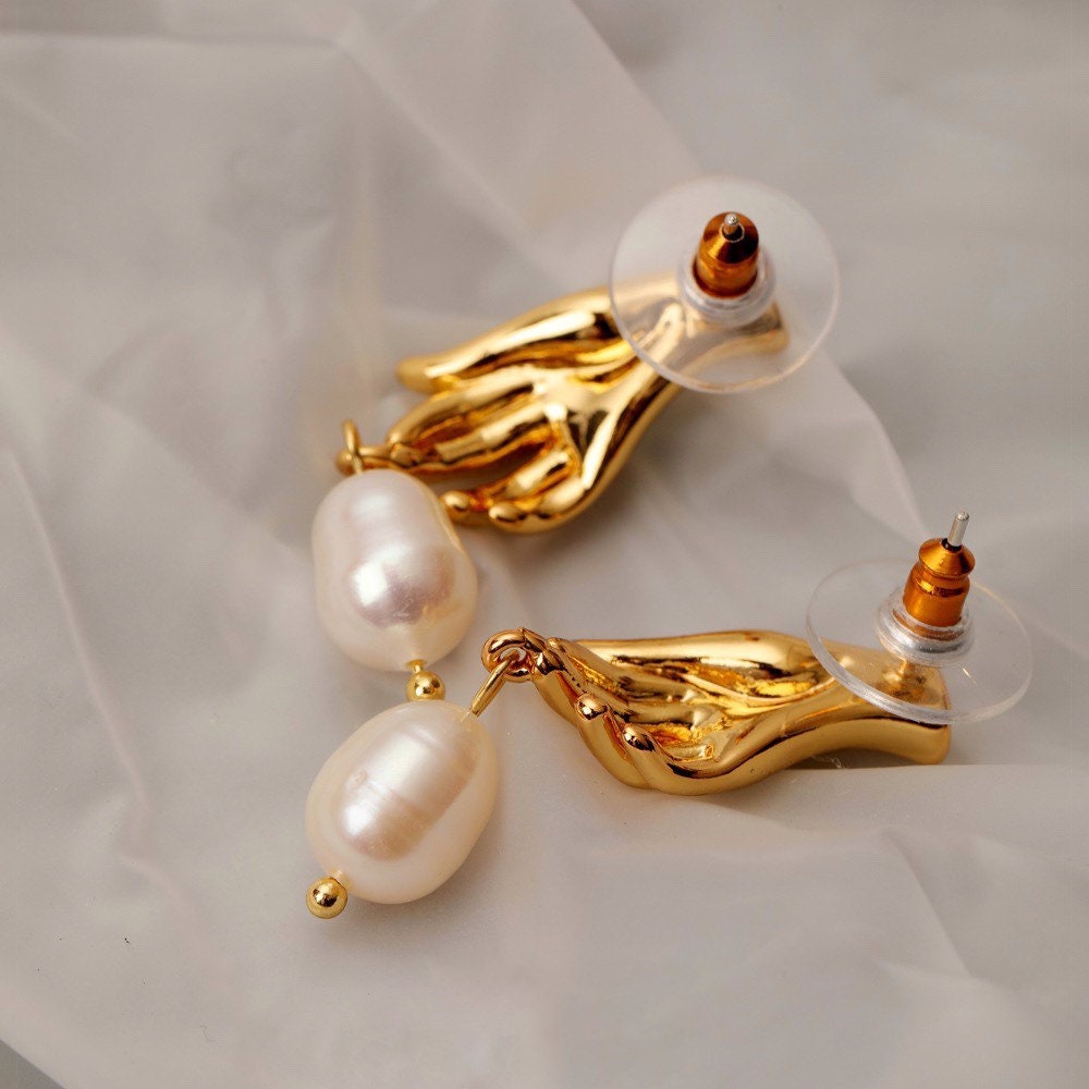Abstract Hand Pearl Earrings