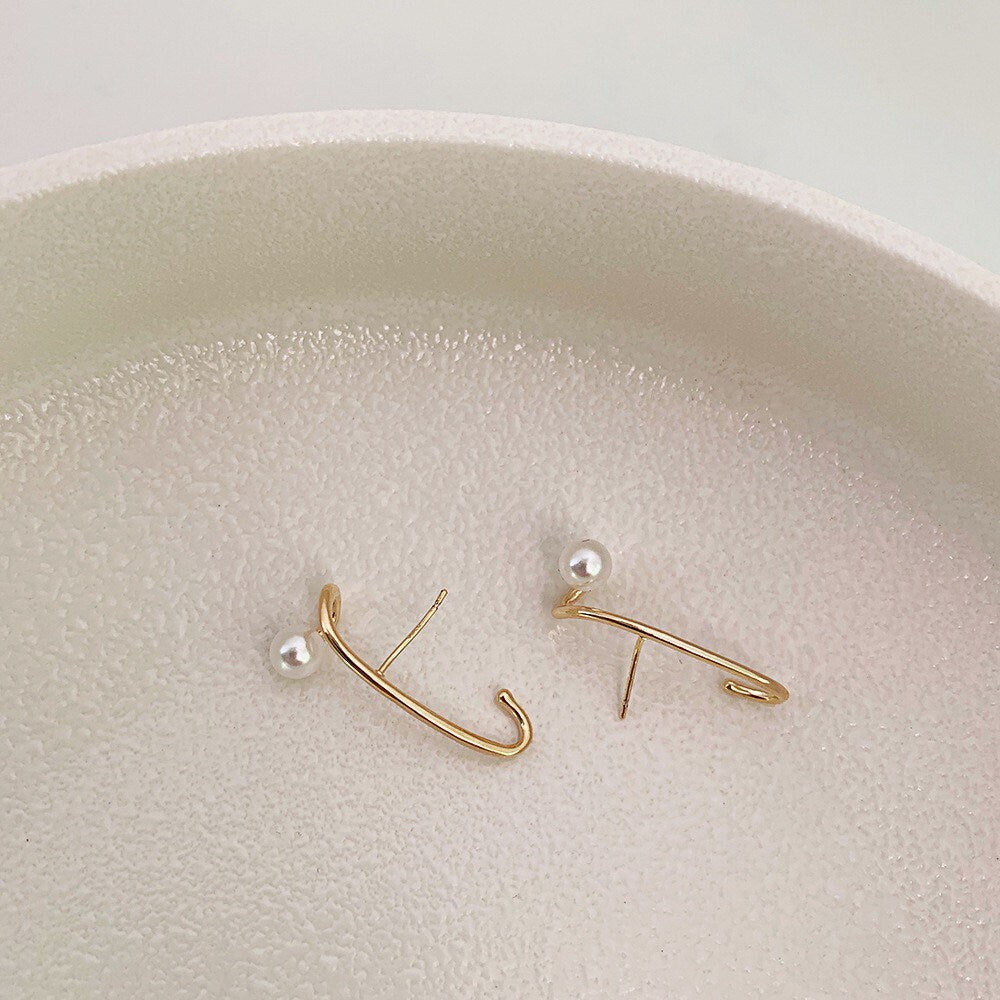 Minimalist Gold Cuff Pearl Earrings 925 Sterling Silver