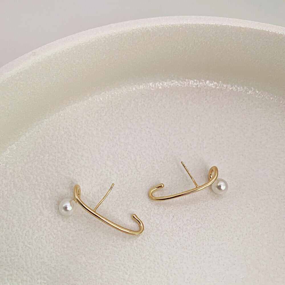 Minimalist Gold Cuff Pearl Earrings 925 Sterling Silver