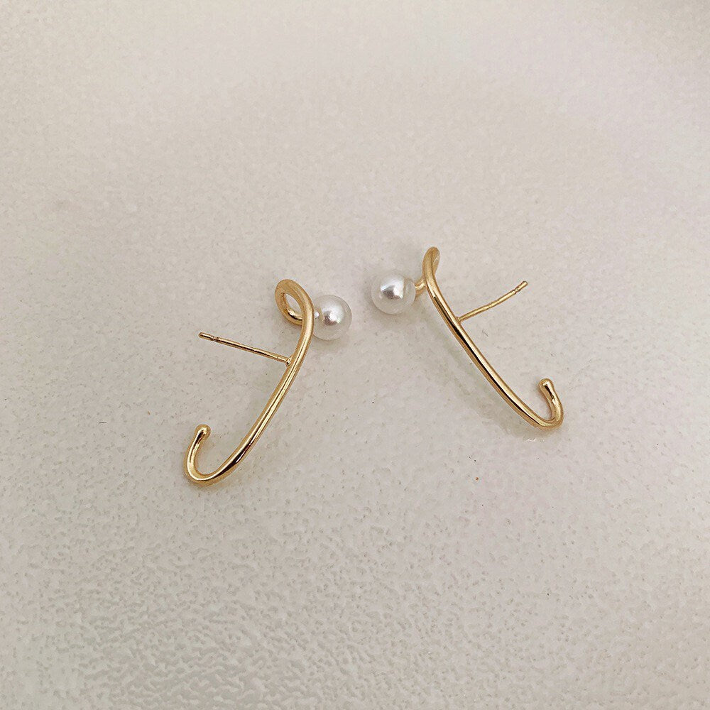 Minimalist Gold Cuff Pearl Earrings 925 Sterling Silver