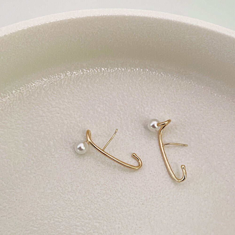 Minimalist Gold Cuff Pearl Earrings 925 Sterling Silver
