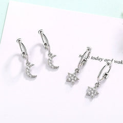 Moon Star Hoop Earrings 925 Sterling Silver