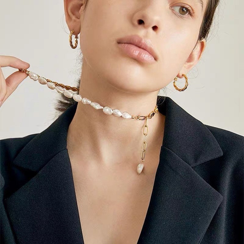 Baroque Pearl Necklace with Gold Chain Accent