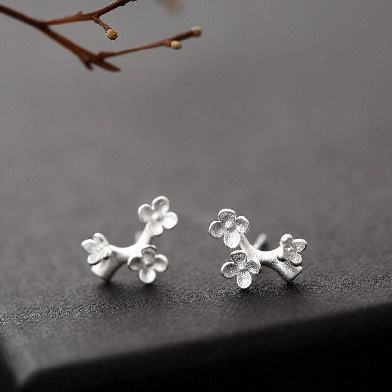 Sakura Sterling Silver Earrings - Delicate Cherry Blossom Flower Branch Studs