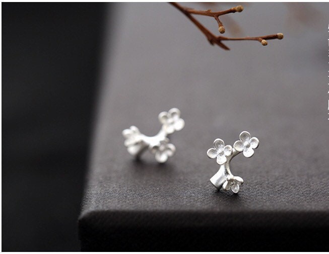Sakura Sterling Silver Earrings - Delicate Cherry Blossom Flower Branch Studs