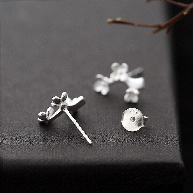 Sakura Sterling Silver Earrings - Delicate Cherry Blossom Flower Branch Studs