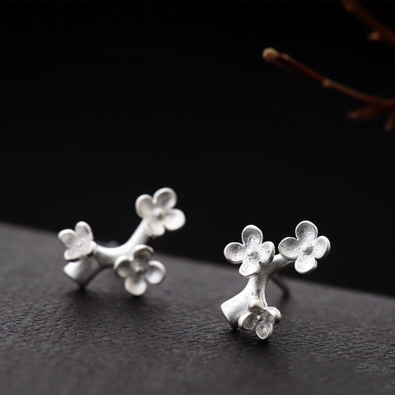 Sakura Sterling Silver Earrings - Delicate Cherry Blossom Flower Branch Studs