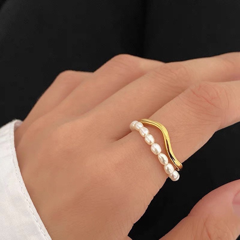 Gold Wavy Pearl Open Ring Lustrous Embrace