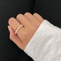 Gold Wavy Pearl Open Ring Lustrous Embrace