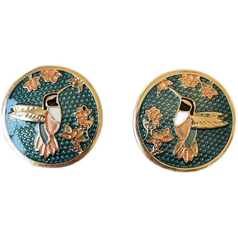 Hand-Painted Hummingbird Enamel Earrings - Real Gold Plated with Sterling Silver Posts