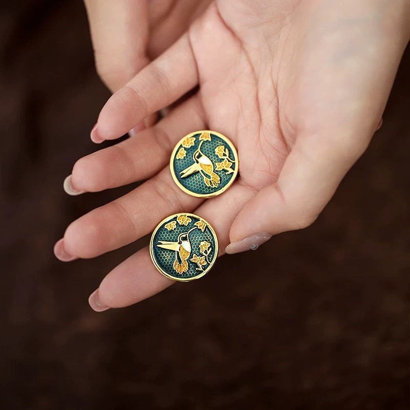 Hand-Painted Hummingbird Enamel Earrings - Real Gold Plated with Sterling Silver Posts