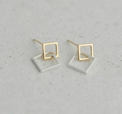 Stud earrings, Sterling Silver, 14k Gold Plated, Cute, Square, Round, Dangle Earrings, Drop Earrings