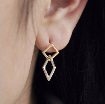 Stud earrings, Sterling Silver, 14k Gold Plated, Cute, Square, Round, Dangle Earrings, Drop Earrings