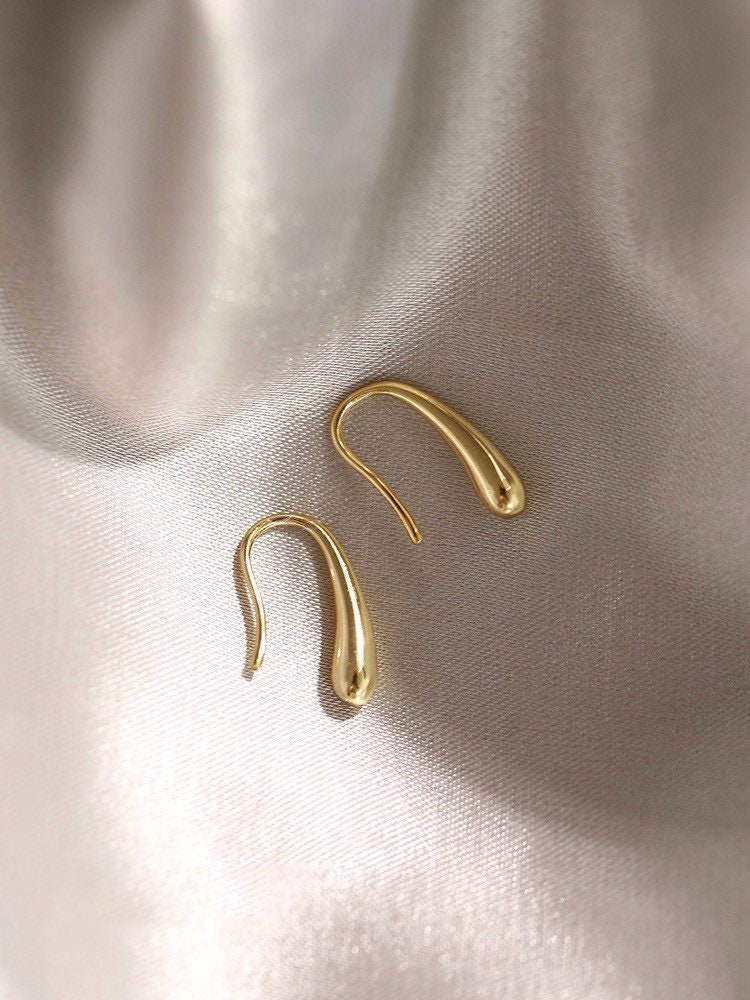 Silver Teardrop Earrings, Water Drop Hoop Earrings, Heavy Gold Plated over Sterling Silver, 18K, Simple Hoops, Minimalism