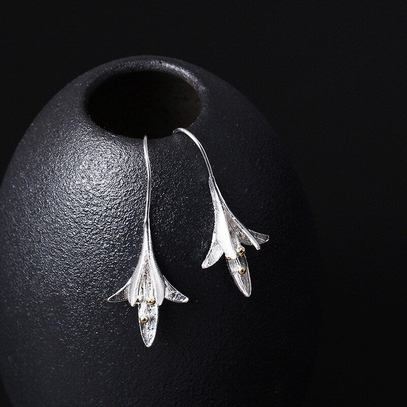 Silver Lily Earrings, Orchid Earrings, Flower Earrings, Dangle Earrings, Sterling Silver, Gifts for her, Elegant
