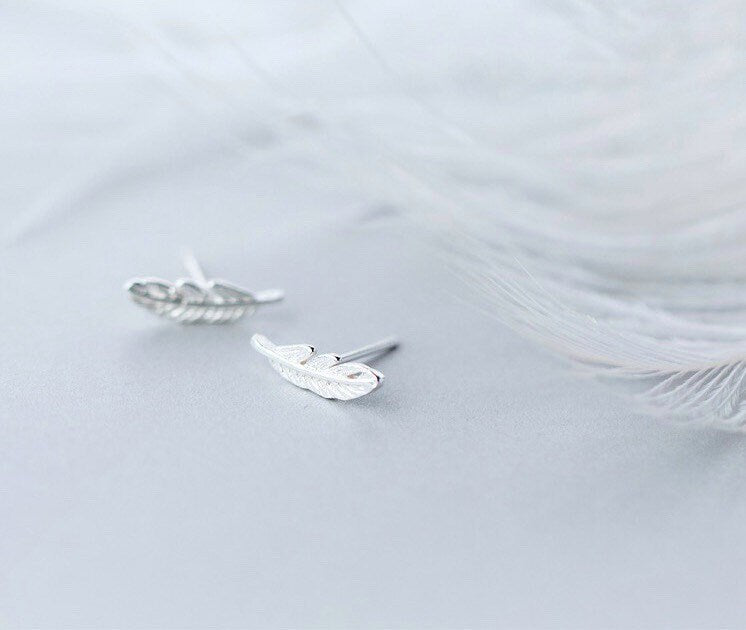 Tiny feathers earrings, Studs, Sterling Silver, Gifts for kids, Cutest.