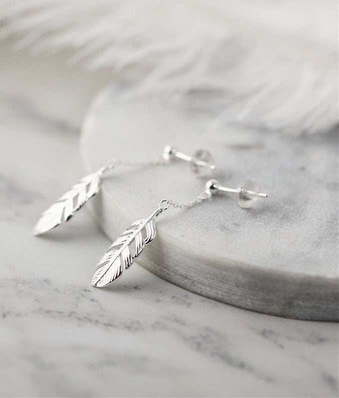 Tiny feathers earrings, Dangle earrings, Sterling Silver, Mismatched earrings, Cutest.
