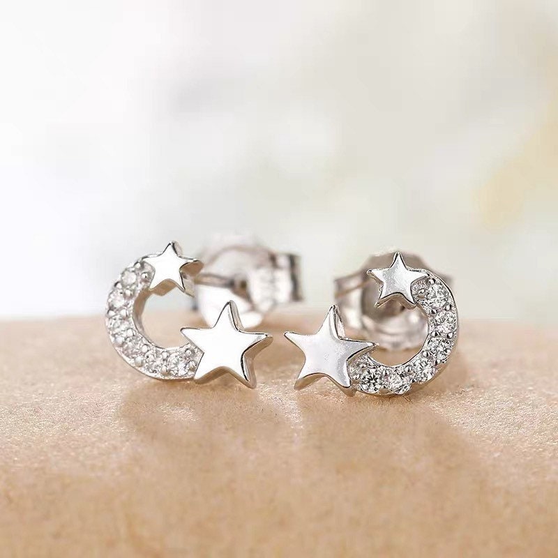 S925 Star Earrings, Sterling Silver, Starry Night, Big Dipper, Polaris, CZ, Shooting star.