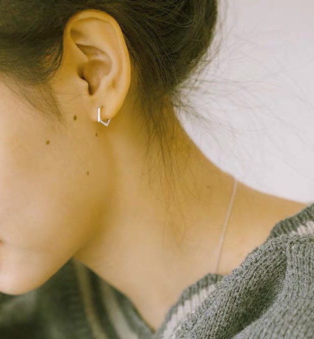 Sterling Silver Pentagon Hoops, Diamonds, CZ, S925.