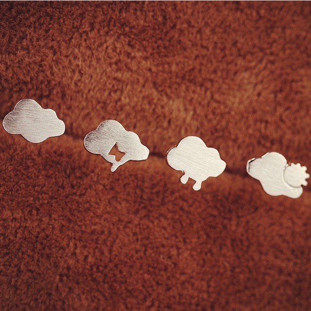 Tiny clouds earrings, Weather earrings, Moody, Studs, Sterling Silver, Mismatched earrings, Cloudy, Sun, Flash, Sold by single.