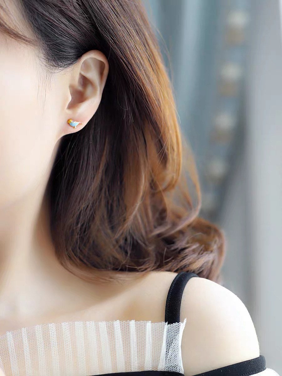 Tiny Bird Earrings| Studs| Enameled earrings| Sterling Silver| Gift for her| Cute|
