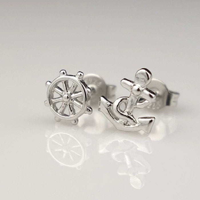 Tiny anchor and rudder earrings, Studs, Sterling Silver, Mismatched earrings, Cutest.