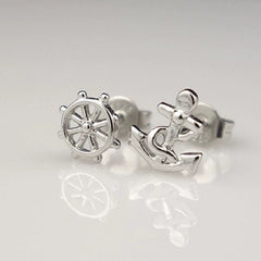 Tiny anchor and rudder earrings, Studs, Sterling Silver, Mismatched earrings, Cutest.