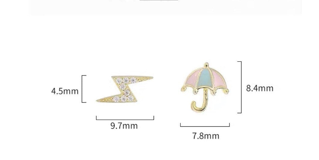 Tiny Umbrella and Flash Earrings| Studs| Enameled earrings| Sterling Silver| Mismatched earrings| Gold studs