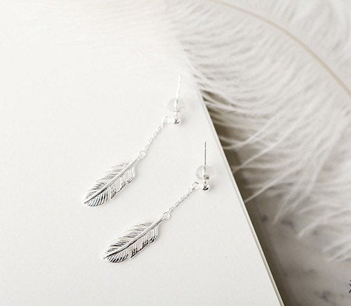 Tiny feathers earrings, Dangle earrings, Sterling Silver, Mismatched earrings, Cutest.