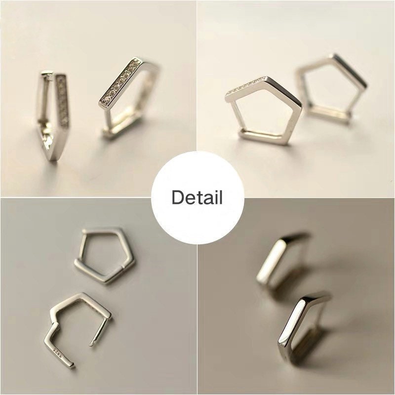 Sterling Silver Pentagon Hoops, Diamonds, CZ, S925.
