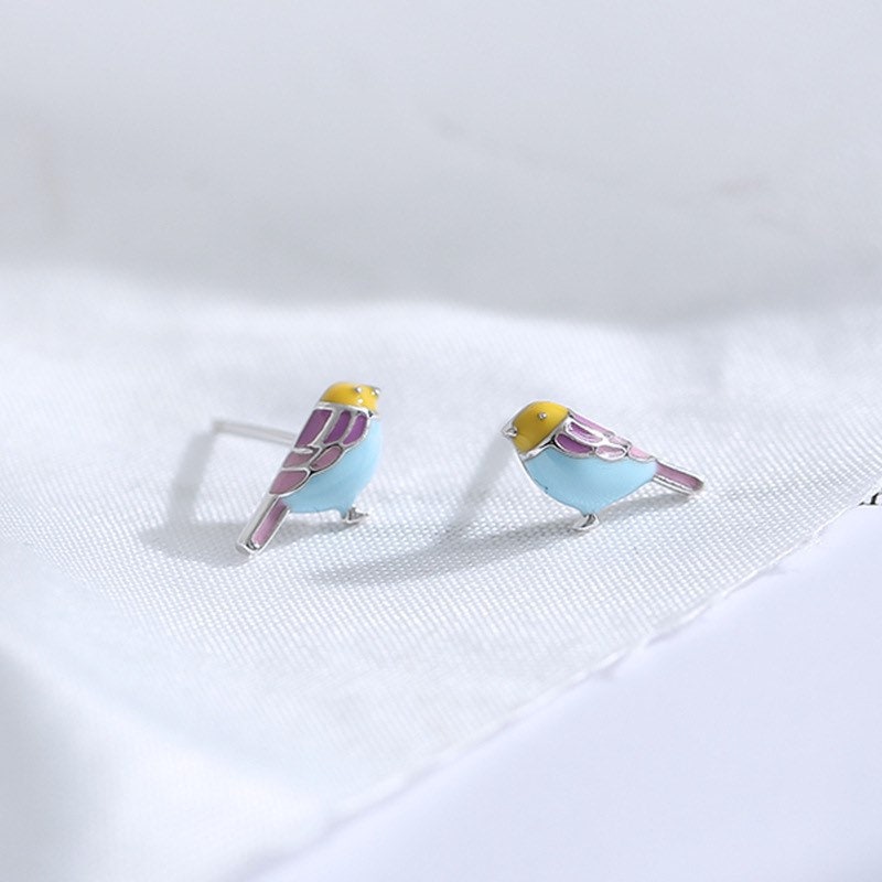 Tiny Bird Earrings| Studs| Enameled earrings| Sterling Silver| Gift for her| Cute|