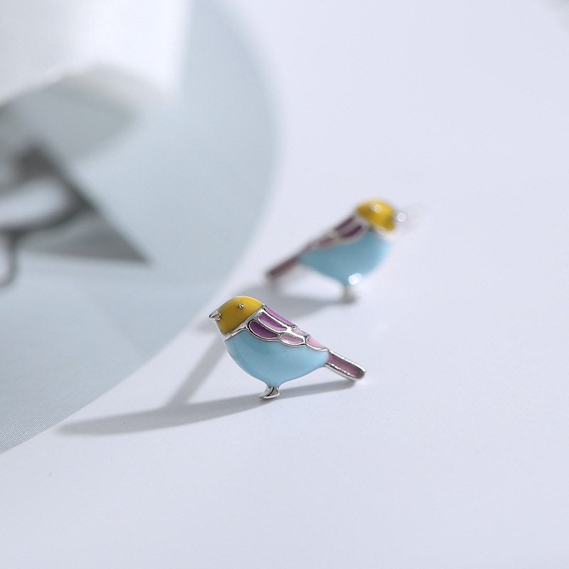 Tiny Bird Earrings| Studs| Enameled earrings| Sterling Silver| Gift for her| Cute|