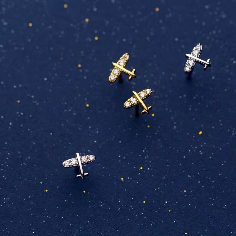 Tiny airplane Earrings| Helicopter Studs| Gold Studs| Crystal earrings| Jet earrings| Gold plane| Sterling Silver| Gifts for kids| Cutest