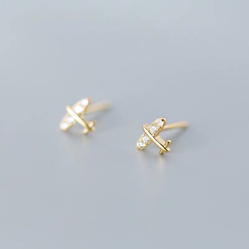 Tiny airplane Earrings| Helicopter Studs| Gold Studs| Crystal earrings| Jet earrings| Gold plane| Sterling Silver| Gifts for kids| Cutest