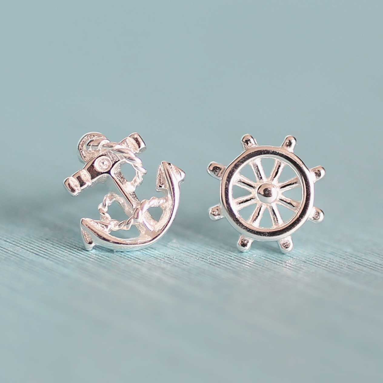 Tiny anchor and rudder earrings, Studs, Sterling Silver, Mismatched earrings, Cutest.
