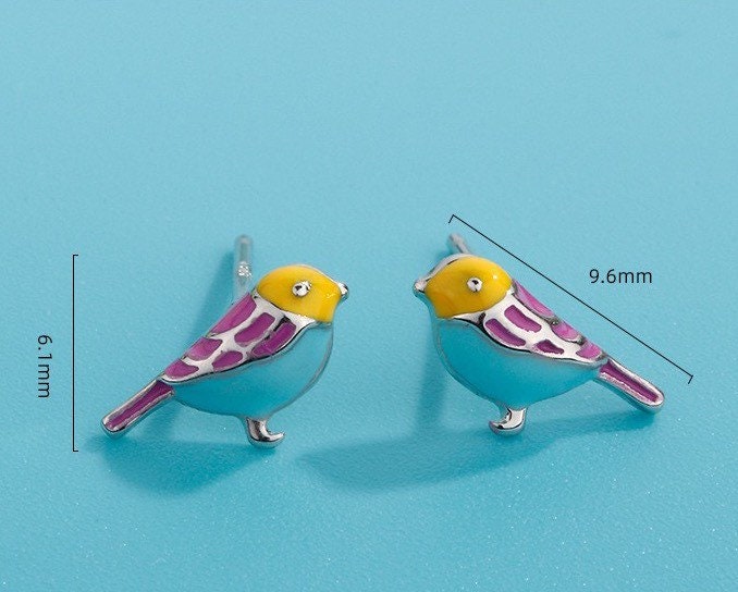 Tiny Bird Earrings| Studs| Enameled earrings| Sterling Silver| Gift for her| Cute|